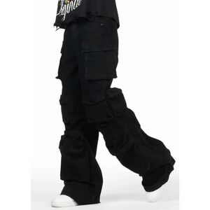 Rockstar Original Mens Black Denim Cargo Pants Wide Leg Multi Pocket Streetwear